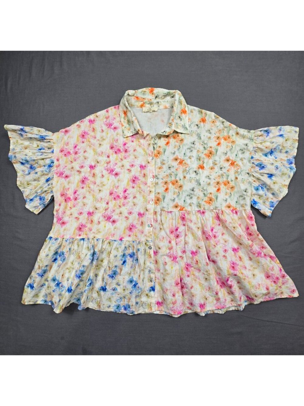Entro Small Button Oversized Boxy Ruffle Sleeve Pastel Floral Boho Top